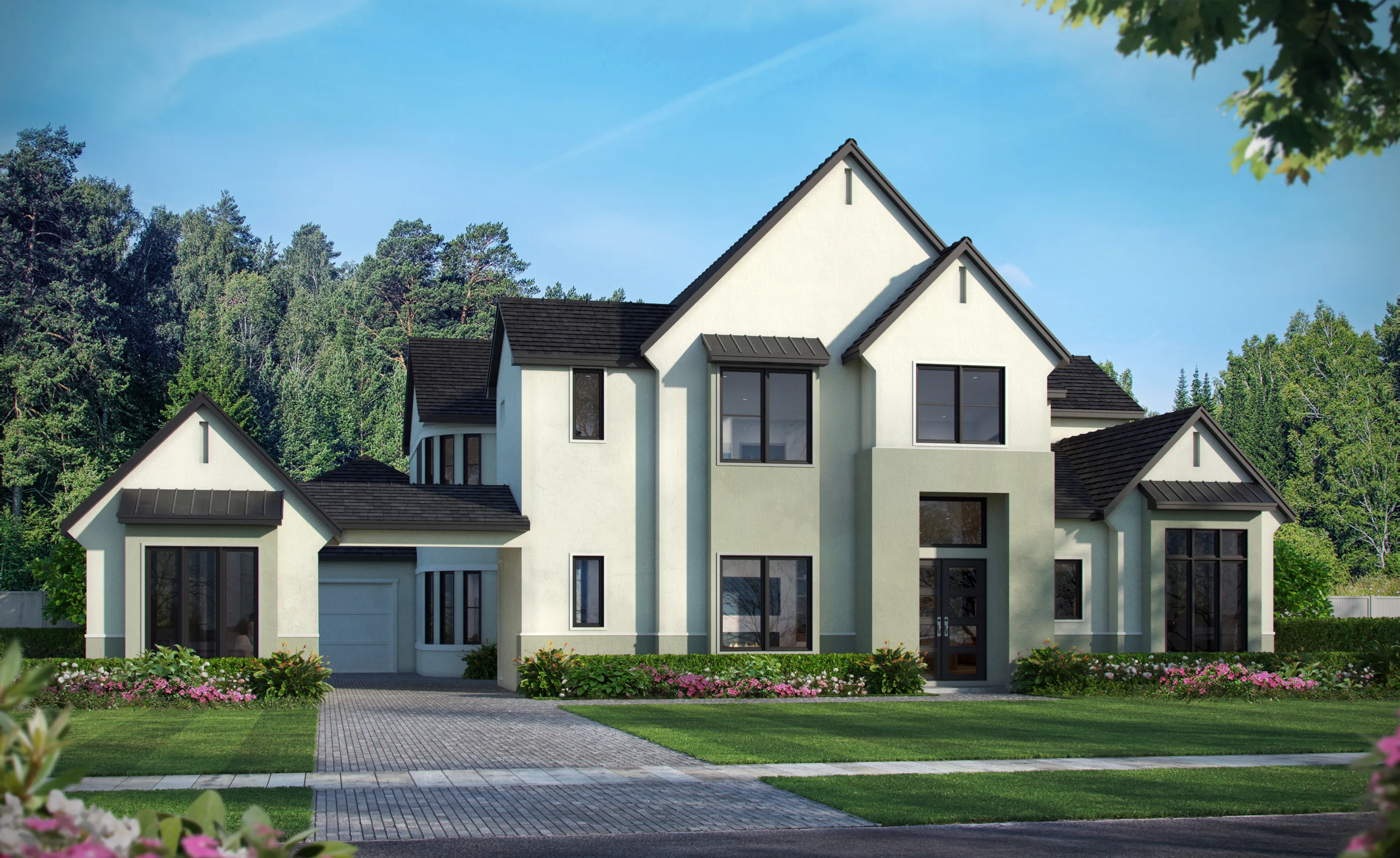 Preston home design featuring a contemporary two-story stucco exterior with a dark shingle roof and a paved driveway.