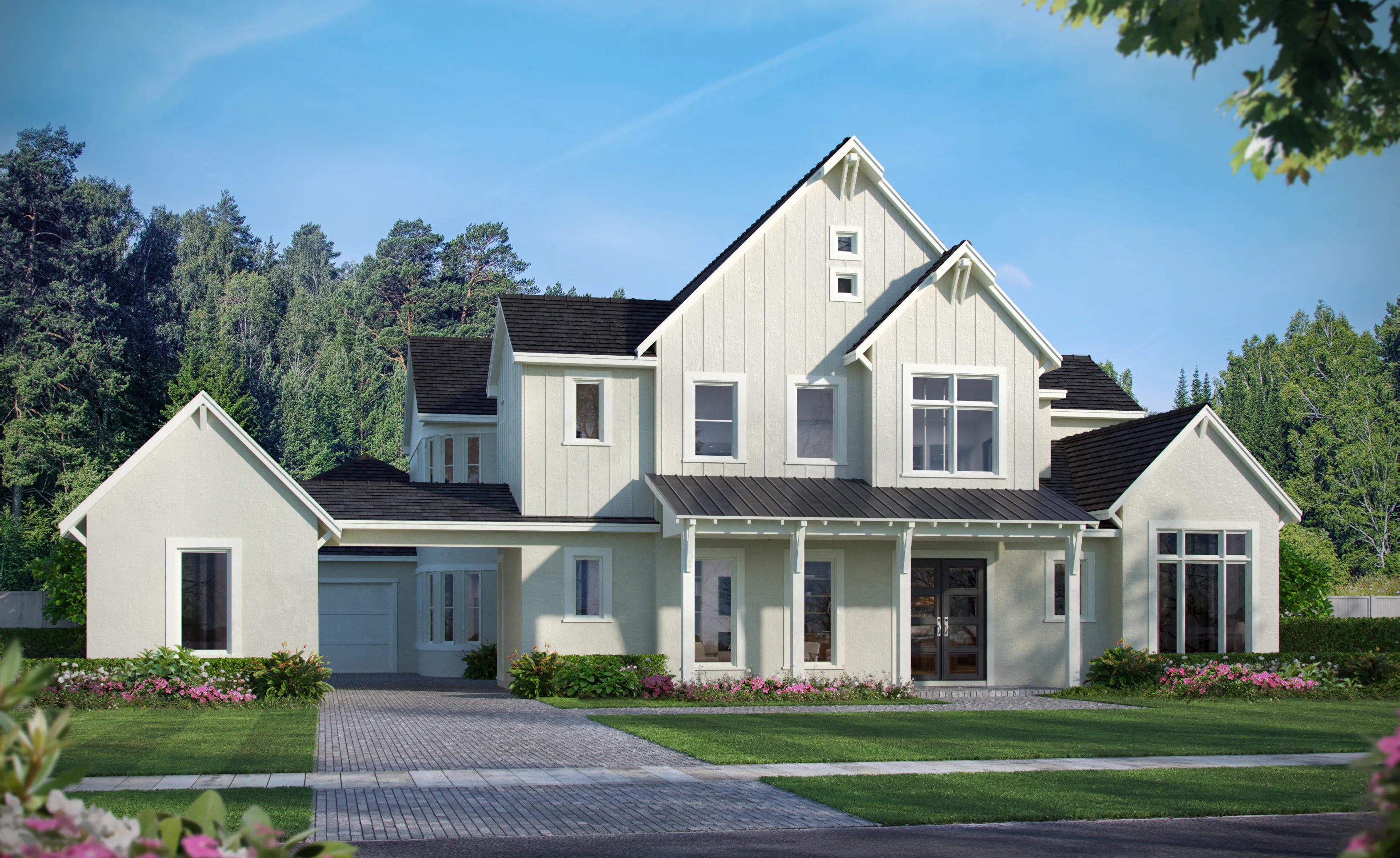 Coastal Modern exterior of the Preston home featuring light stucco, black roof, and a covered front porch.
