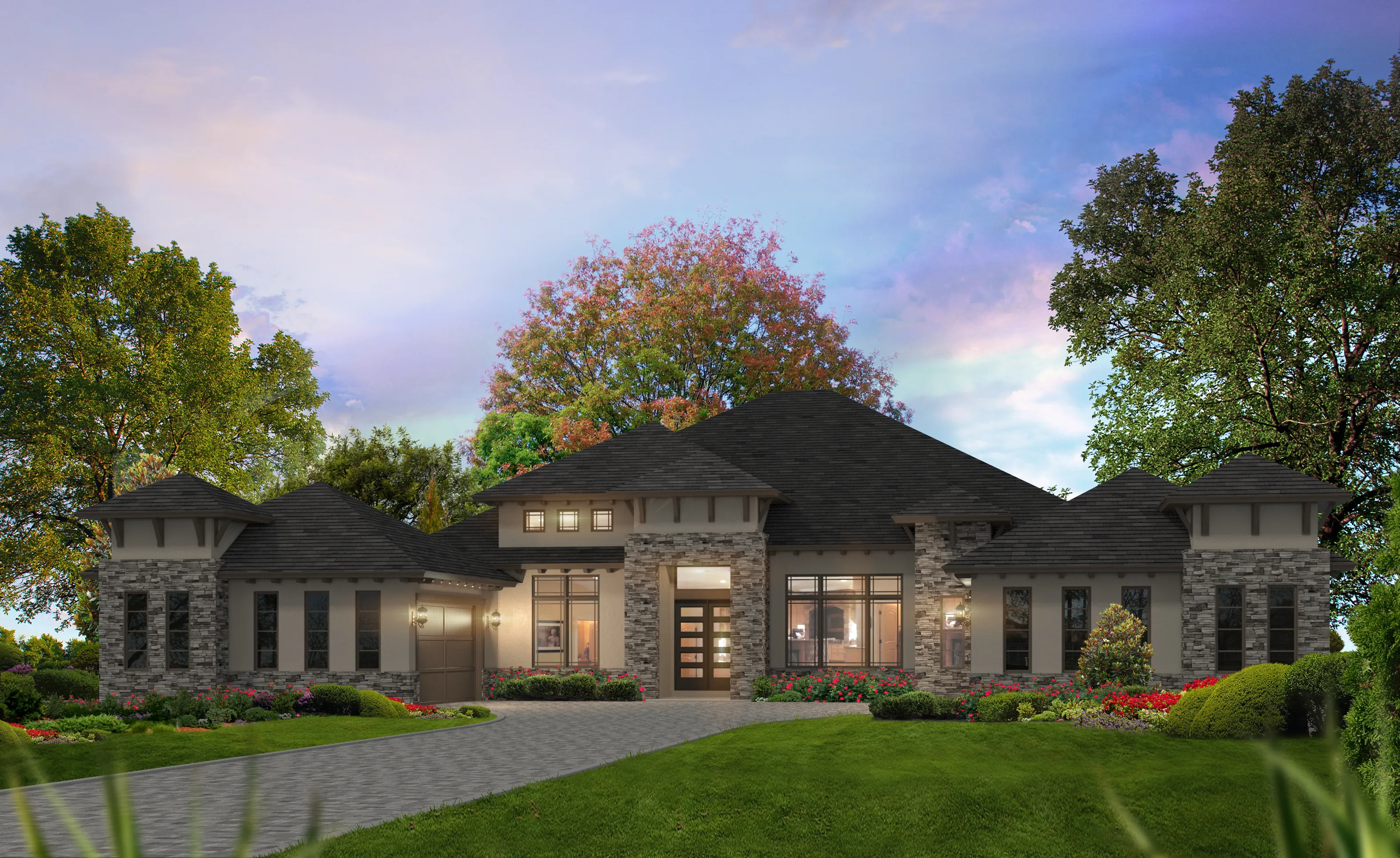 Exterior of the Monaco Prairie Modern home featuring a stone facade, gray roof, covered entryway, and landscaped lawn.