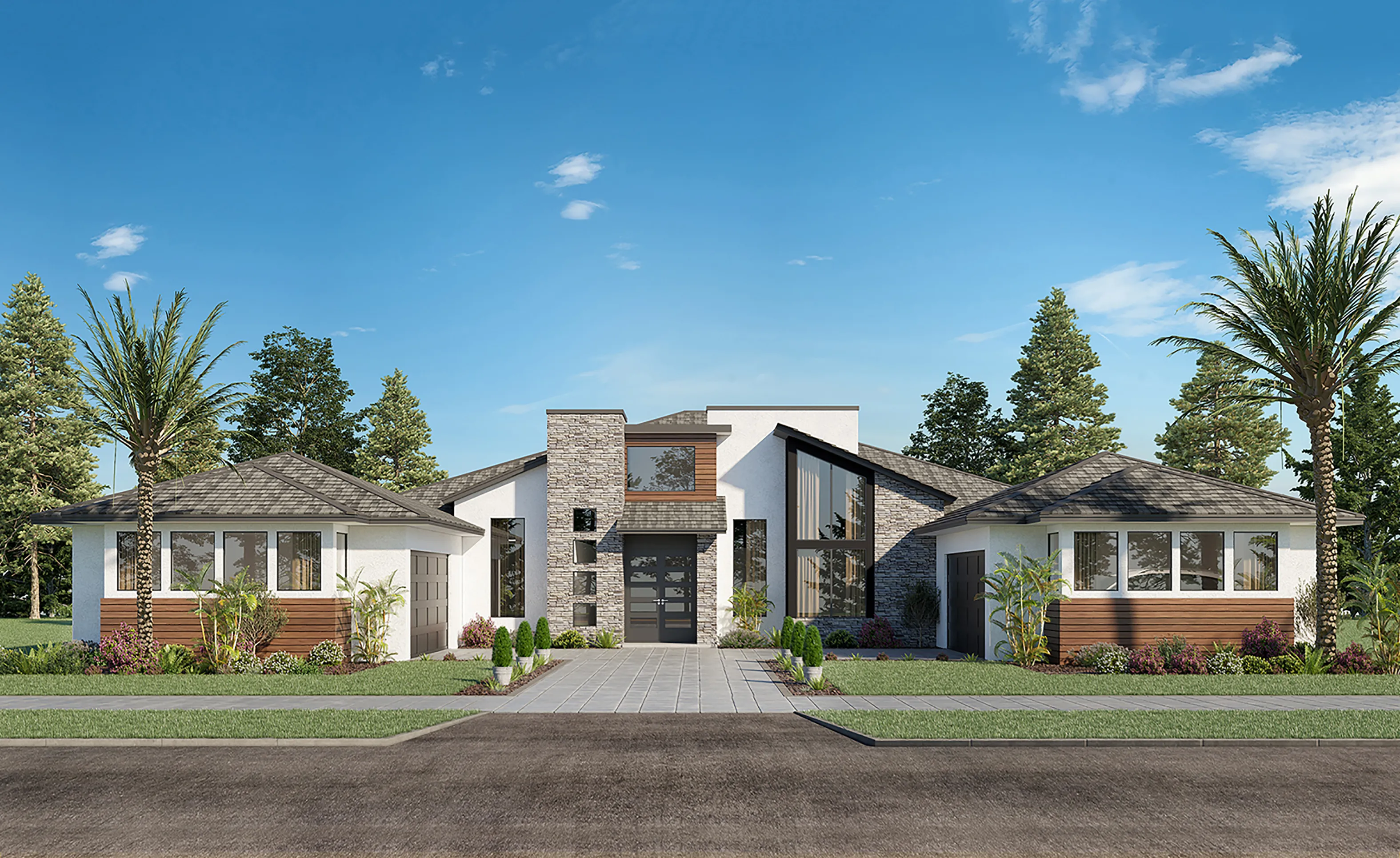 Exterior of Monaco Modern II home featuring white stucco, horizontal wood siding, stone accents, and large windows.