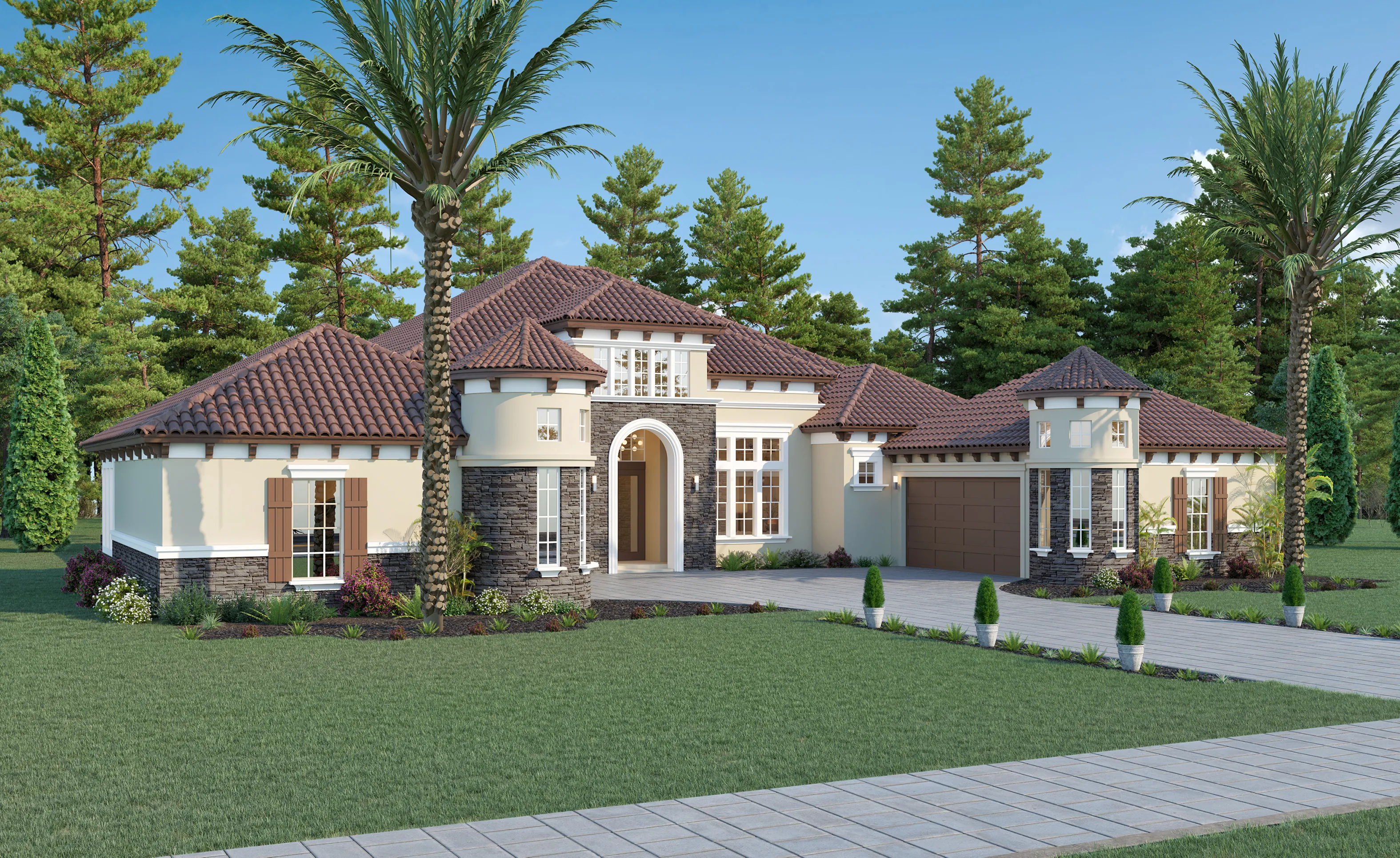 Monaco home design featuring a Tuscan exterior with stone accents, a brown tile roof, round turrets, and a paver driveway.
