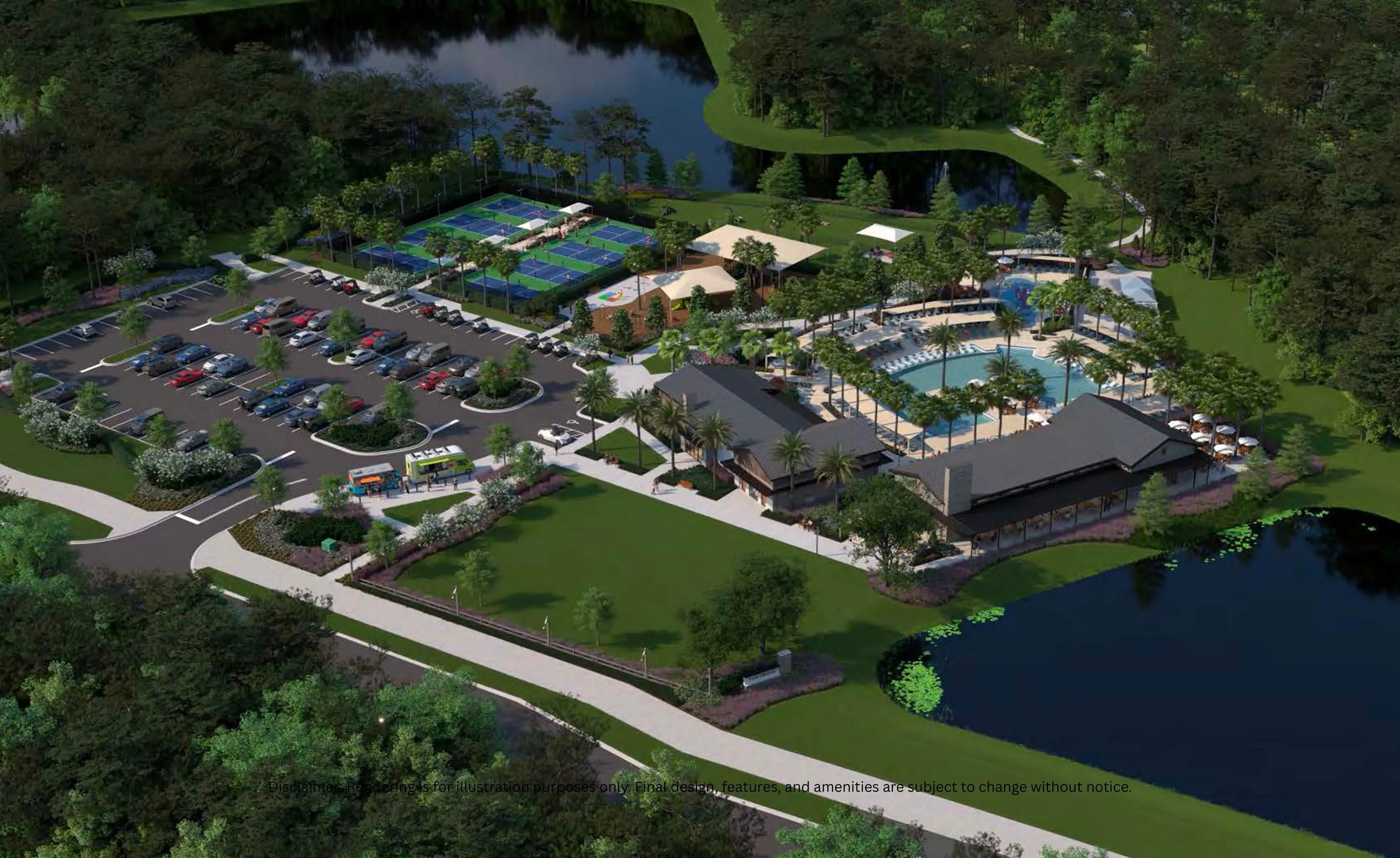 Aerial rendering of Mariposa community featuring a clubhouse, swimming pool, tennis courts, parking lot, and wooded ponds.