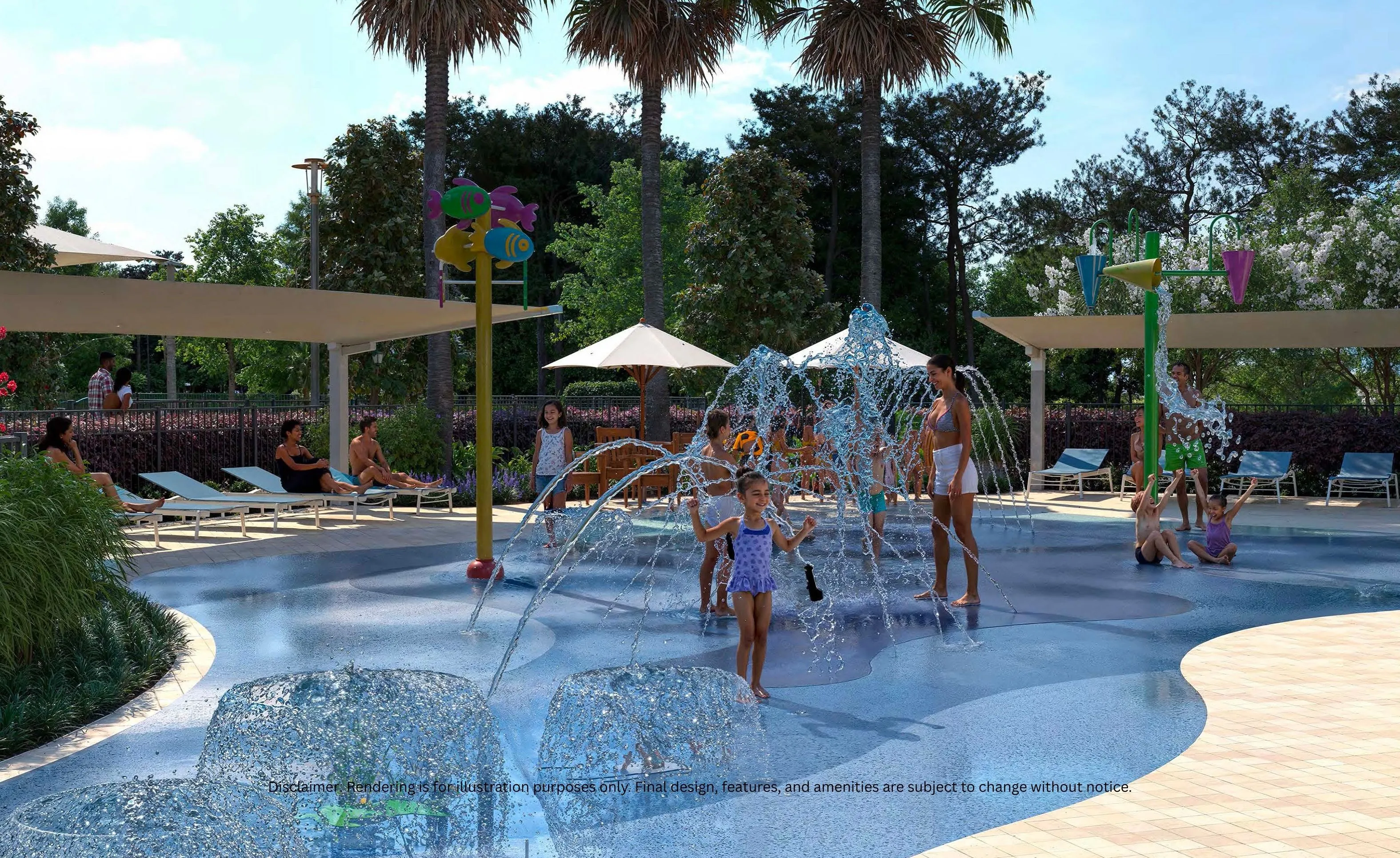 Outdoor splash pad at Mariposa community with water jets, fountains, and lounge chairs under shade structures.