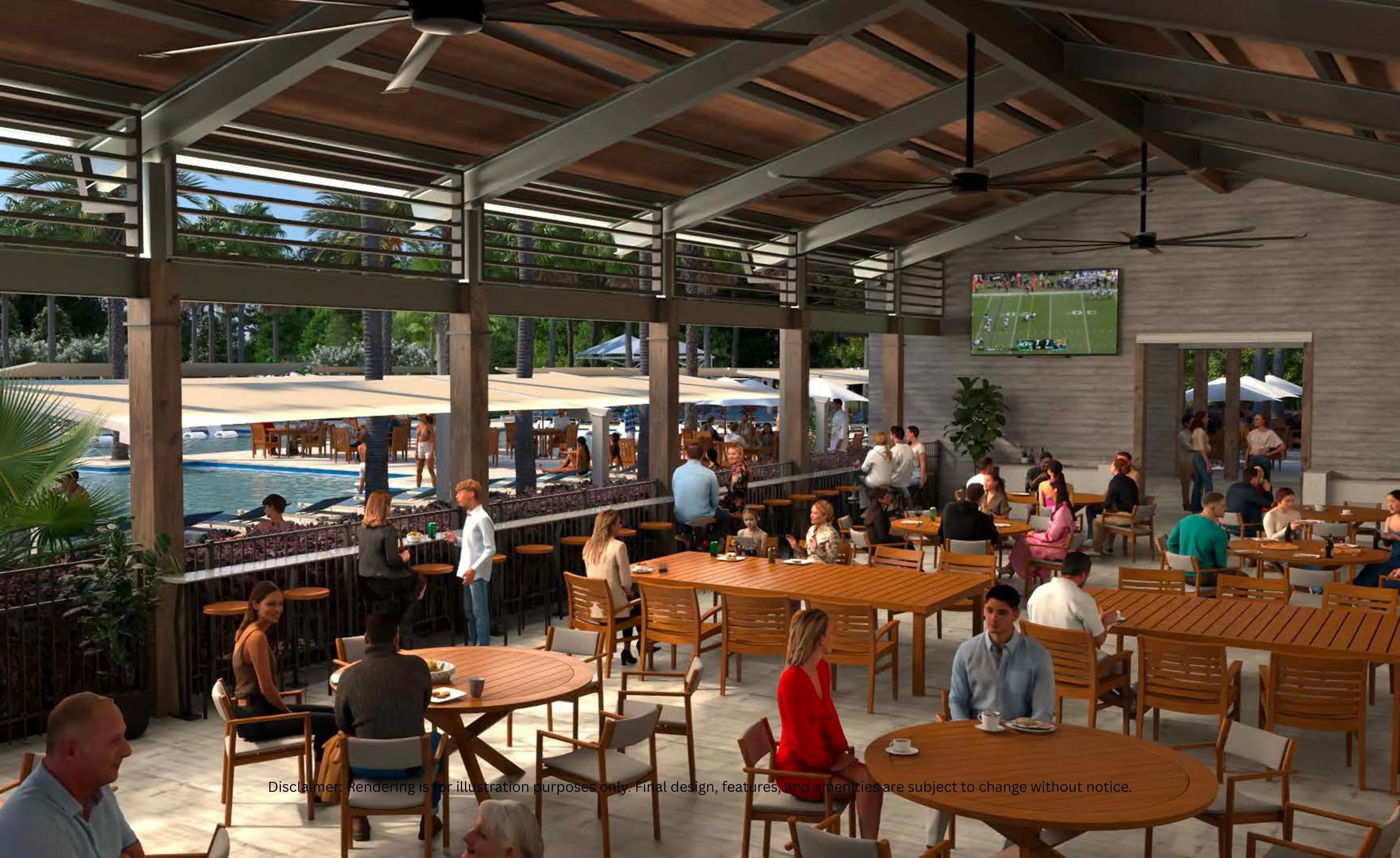 Open-air covered pavilion at Mariposa featuring wood tables, ceiling fans, and views of a swimming pool area with people.