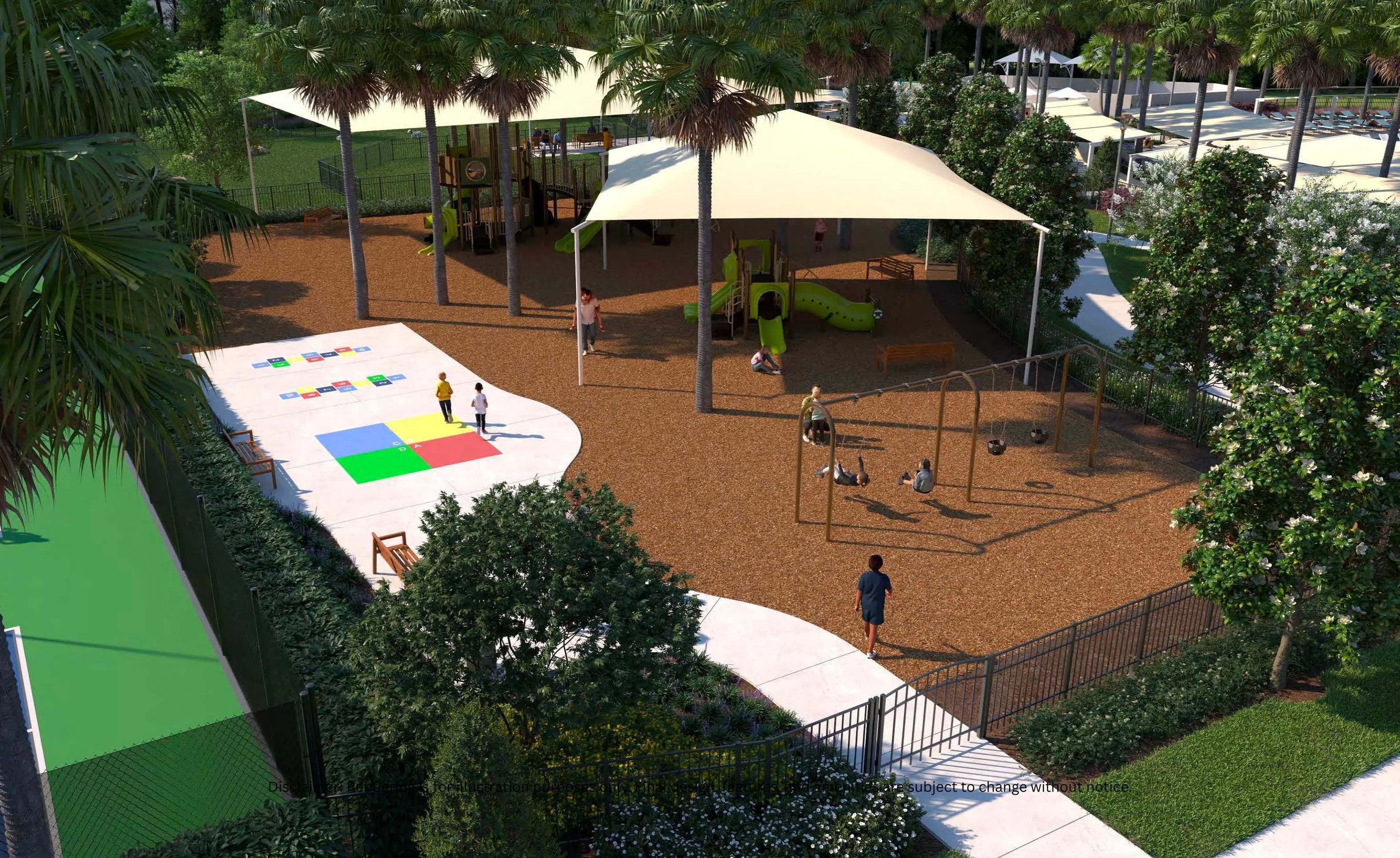 Aerial view of the Mariposa community playground featuring a shaded structure, swings, slides, and a hopscotch court.