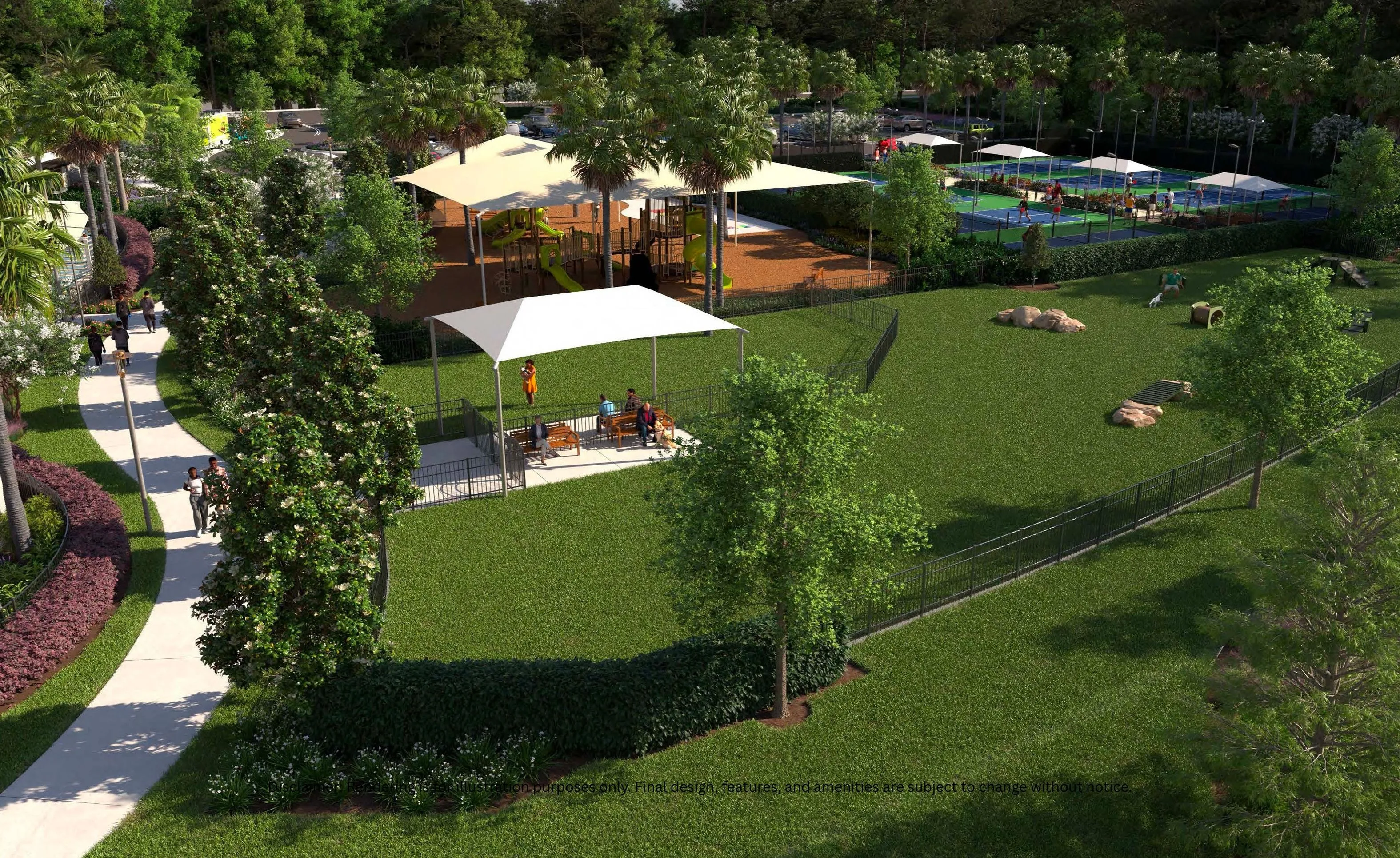 Aerial view of Mariposa community park featuring a playground, pickleball courts, and a fenced dog park with shade structures.
