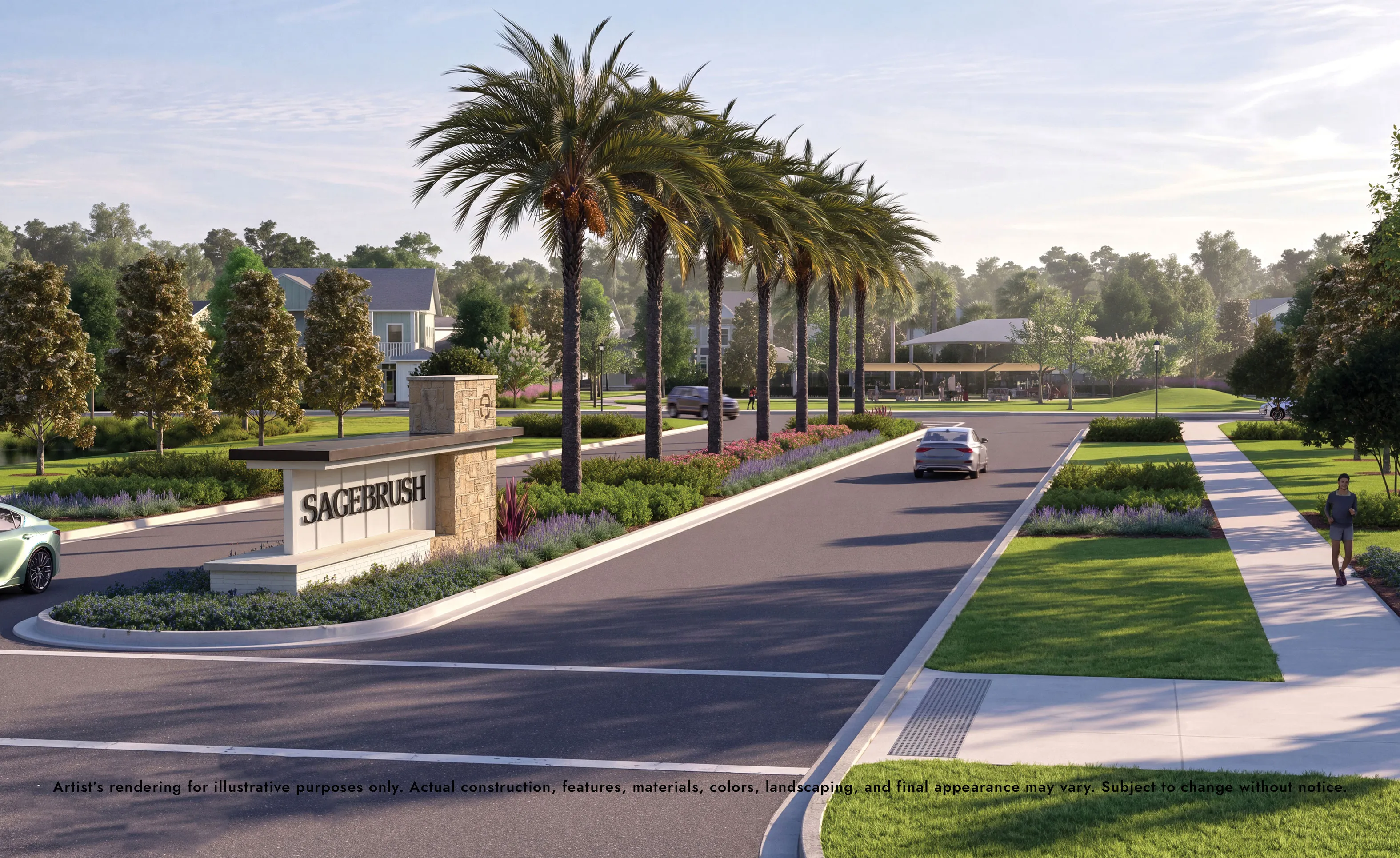 Entrance sign for Sagebrush community with palm trees lining a paved road, landscaped medians, and sidewalks.