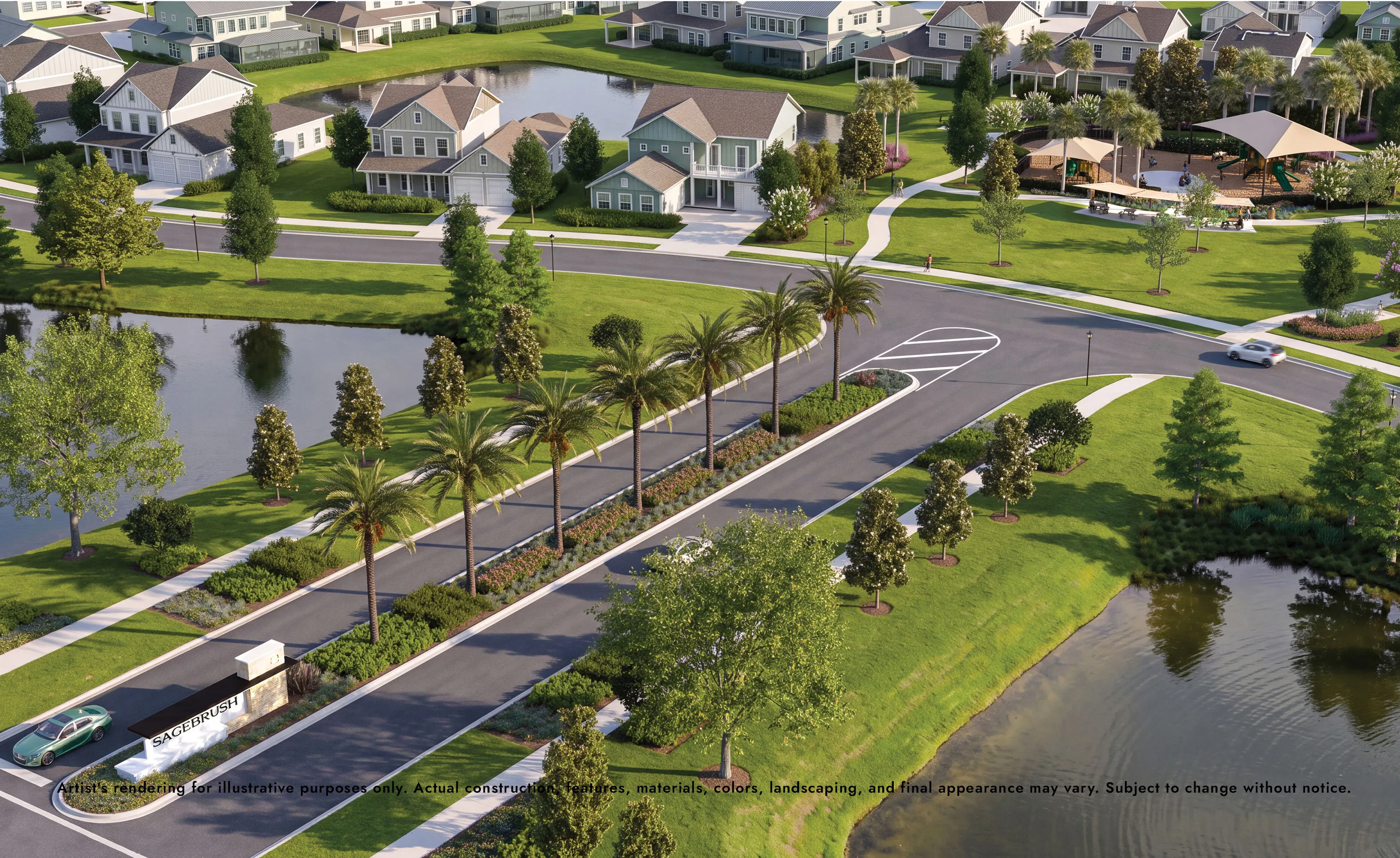 Aerial view of the Sagebrush community featuring palm-lined streets, ponds, single-family homes, and a playground.