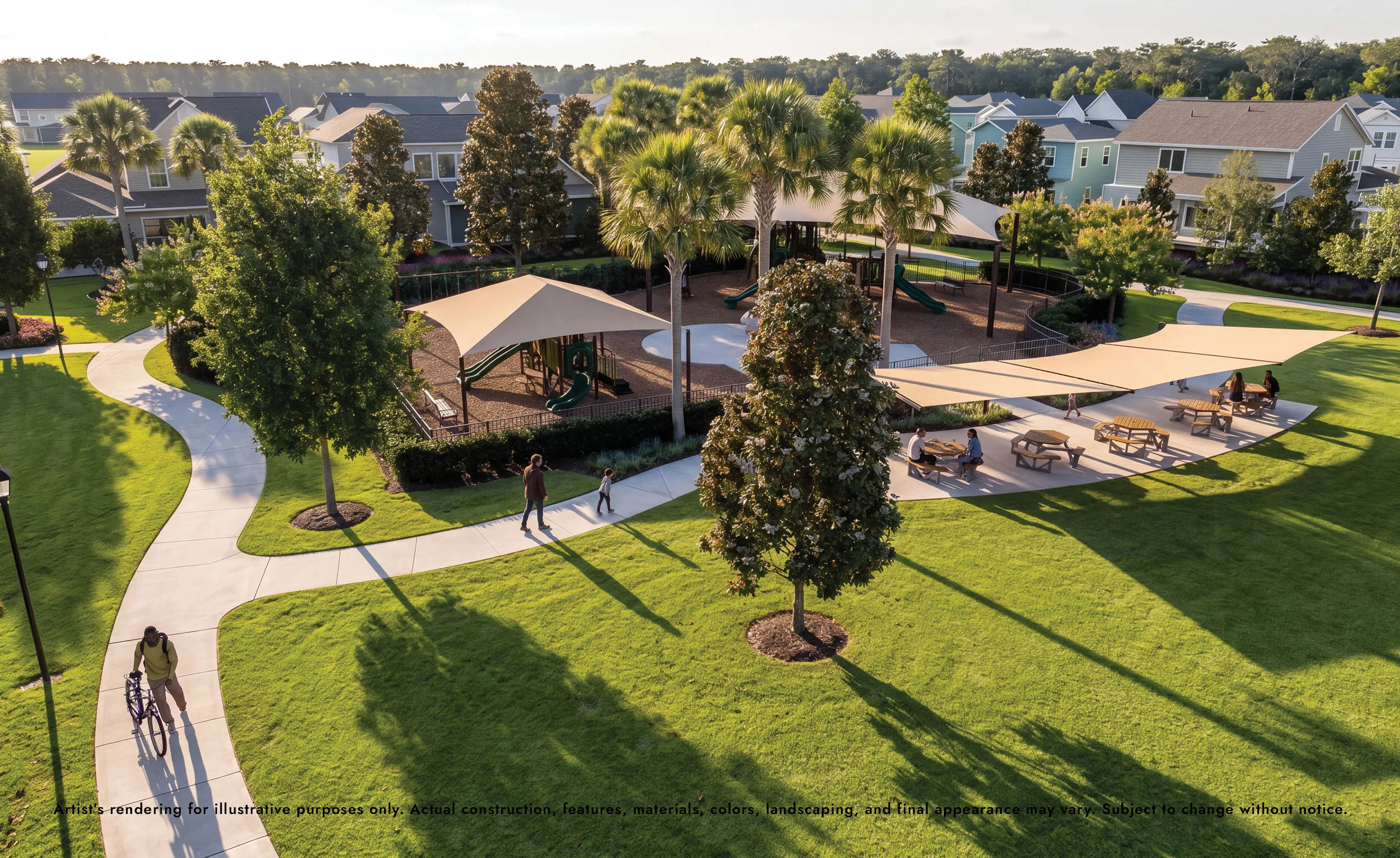 Aerial view of the Sagebrush community park featuring a fenced playground, shaded picnic tables, and winding walkways.