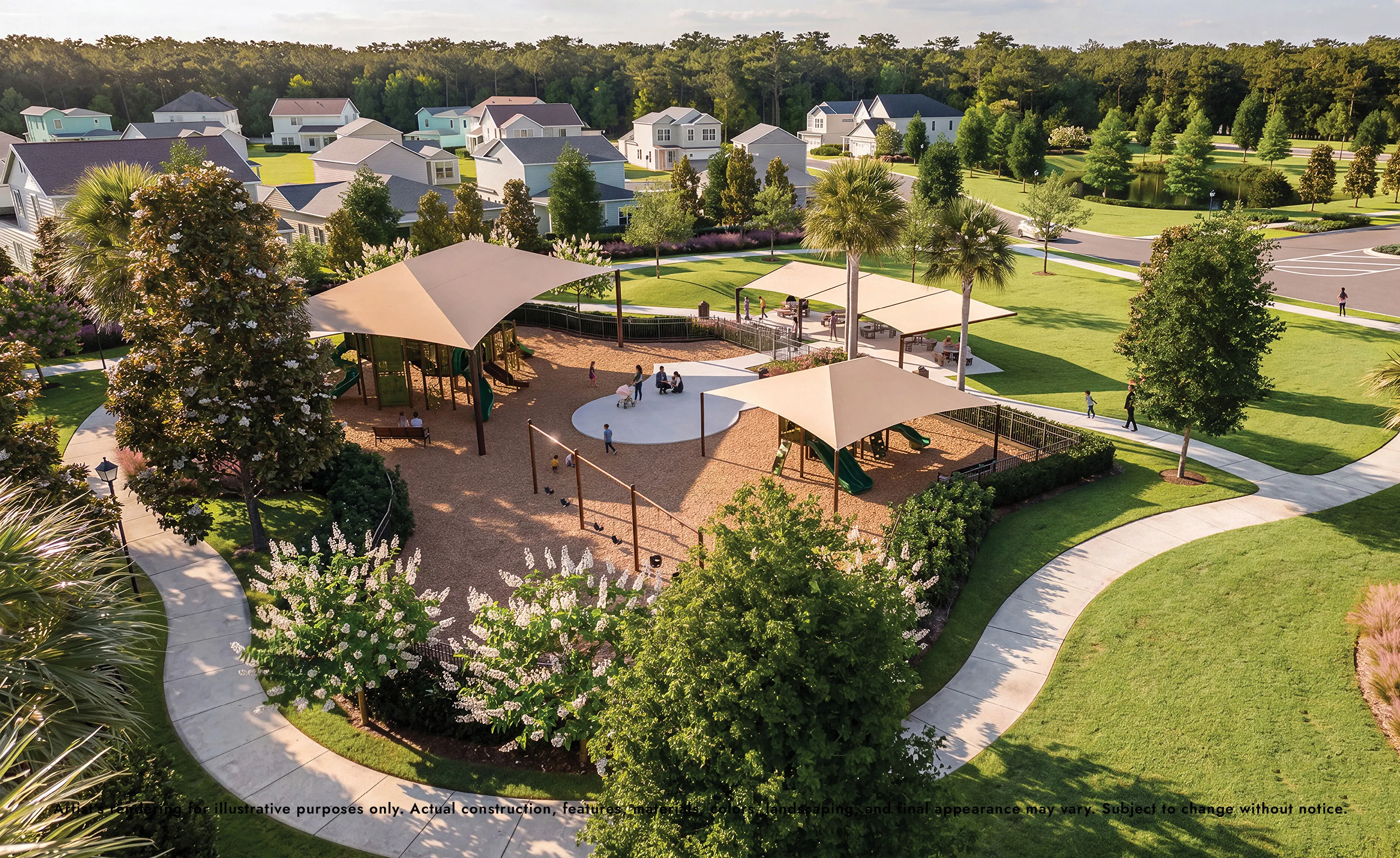 Aerial view of a playground with shade sails and a park setting in the Sagebrush community.
