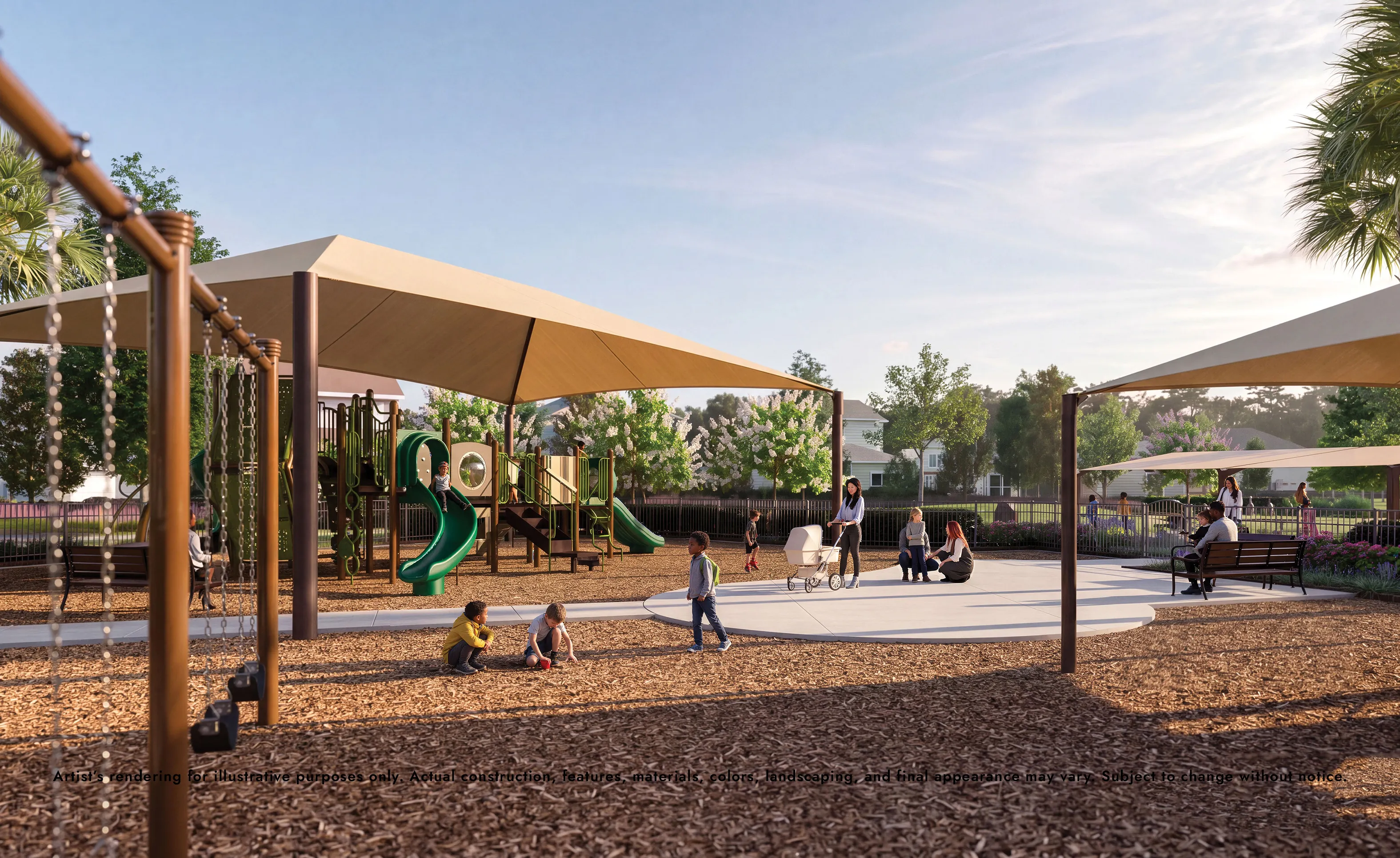 Rendering of a playground at Sagebrush with swings, climbing equipment under large shade sails, and families on a walkway.