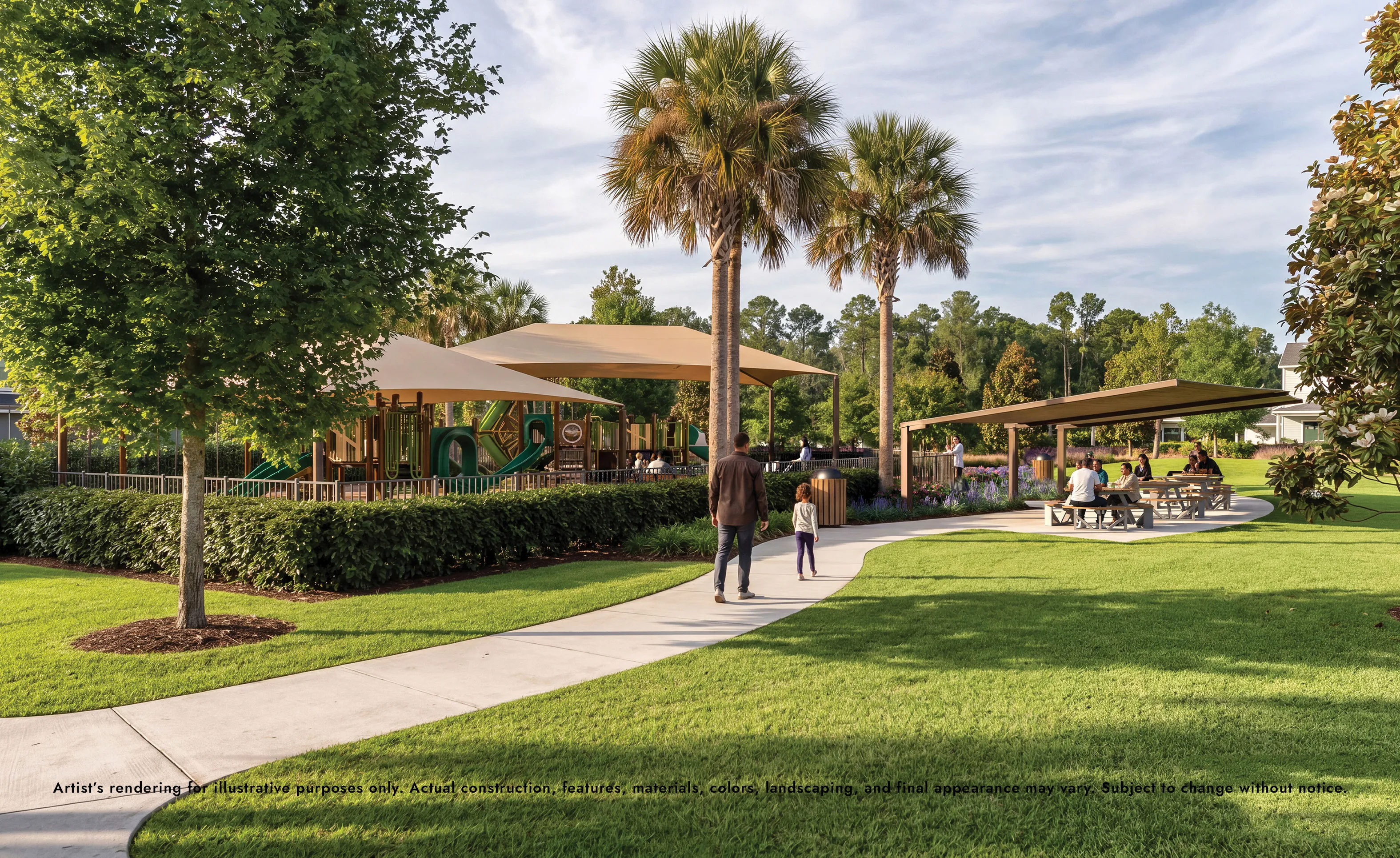 People walking on a sidewalk in the Sagebrush community toward a shaded playground and outdoor picnic area with palm trees.