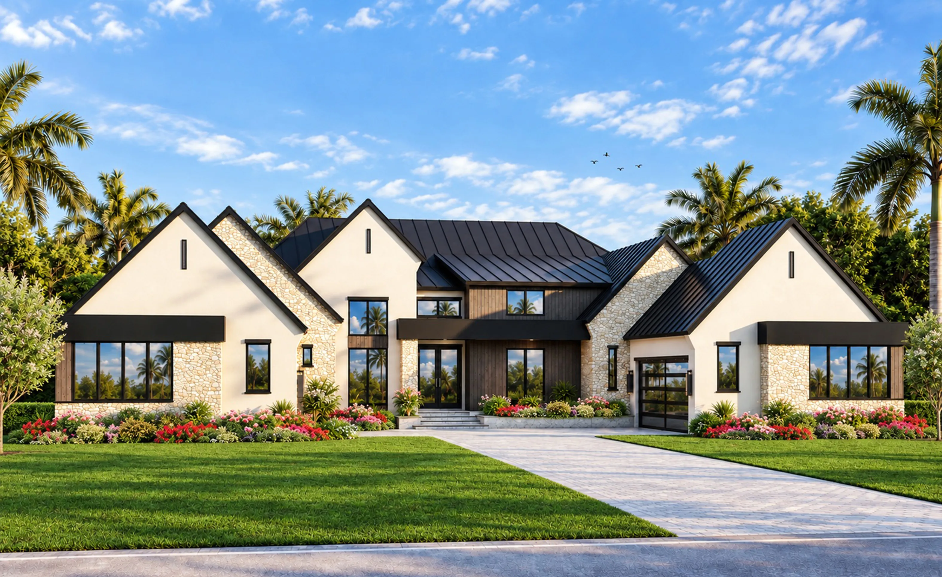 Exterior of a modern home at IronCrest with a metal roof, stone accents, white stucco walls, and a paved driveway.